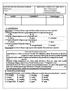 Đề kiểm tra 1 tiết lần 1 học kì I môn Tiếng Anh Lớp 8 (Chương trình thí điểm) - Trường THCS Nguyễn Du (Có đáp án)